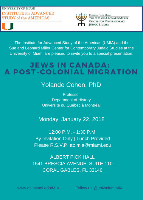 flyer for JEWS IN CANADA:  A POST-COLONIAL MIGRATION